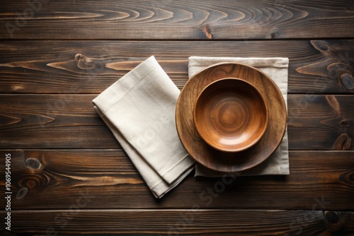 Elegant Table Setting with Empty Plate and Wooden Bowl on Napkin over Brown Background for Cafe Menu, Recipe Design, or Restaurant Interiors