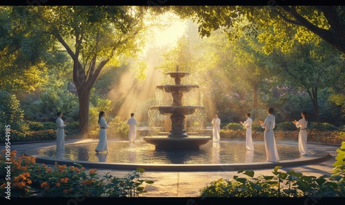 A peaceful afternoon in a lush garden where a diverse group practices tai chi by a tranquil fountain photo