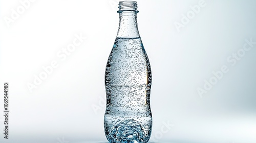 A glass bottle filled with clean water is shown against a white background with a clipping path.