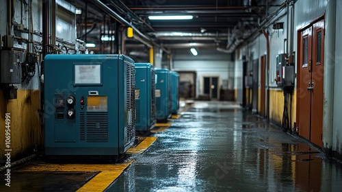 A generator room houses two standby diesel generators, ready to provide power backup in case of a main power failure.