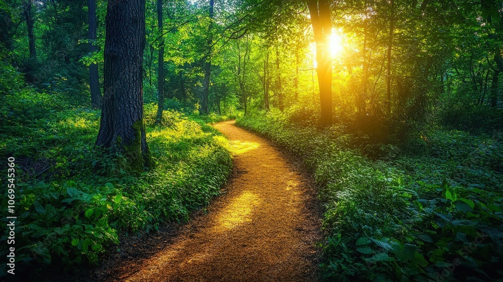 Fototapeta premium A tranquil forest path illuminated by sunlight during the golden hour