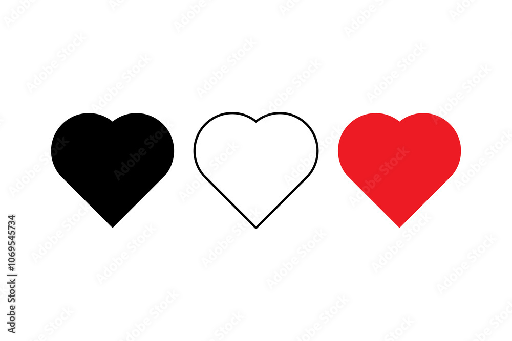 Three hearts. Black white red shapes. Love symbol vector. Valentine collection.