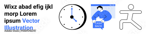 Clock with blue and black hands, person holding cashback sign in online window, abstract running figure. Ideal for financial apps, fitness blogs, productivity tools, landing pages, educational