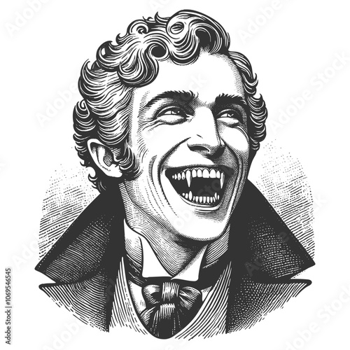 vampire with fangs and a wide smile, ideal for horror and Halloween themes sketch engraving generative ai fictional character vector illustration. Scratch board imitation. Black and white image. photo