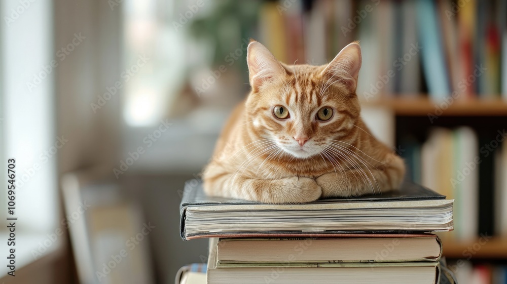 Orange tabby cat resting on stack of books Indoor, calm and relaxed Orange tabby cat resting on stack of books Indoor, calm and relaxed