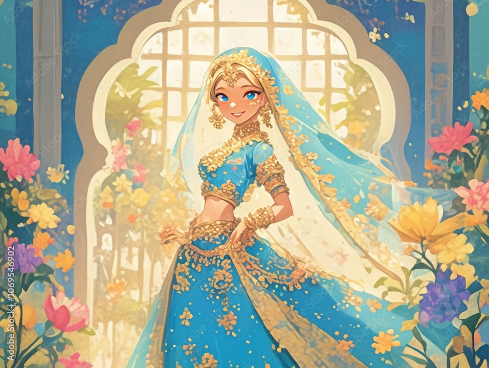 A vibrant illustration of a woman in traditional attire surrounded by flowers. A vibrant illustration of a woman in traditional attire surrounded by flowers.