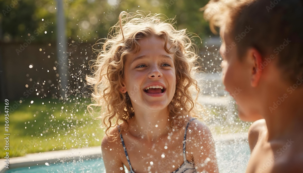 Obraz premium young girl playing splashes her brother with water