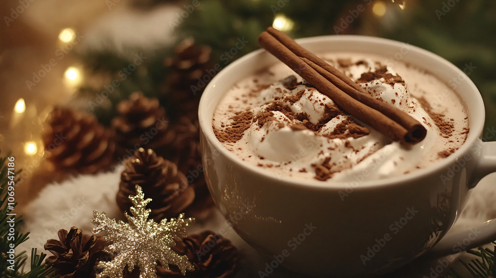 Cup of hot chocolate with cinnamon sticks and holiday decor. Cup of hot chocolate with cinnamon sticks and holiday decor.