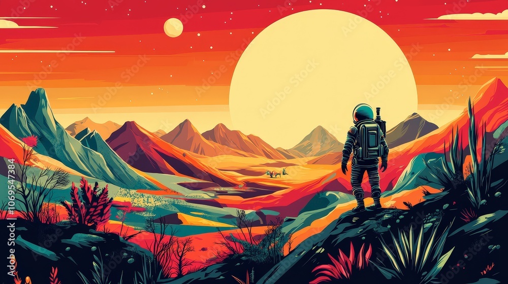Fototapeta premium Colorful Alien Landscape with Space Explorer