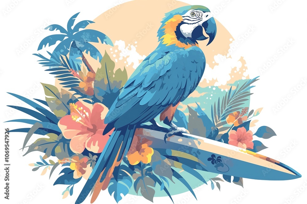 A vibrant parrot perched on a surfboard, surrounded by tropical plants and flowers. A vibrant parrot perched on a surfboard, surrounded by tropical plants and flowers.