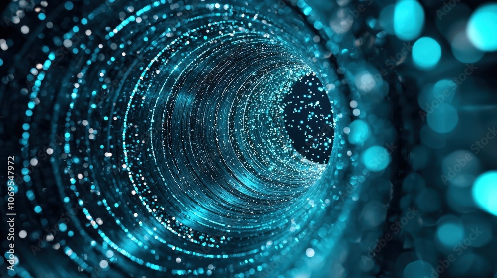 Intricate blue light tunnel with floating particles and bokeh effect Intricate blue light tunnel with floating particles and bokeh effect