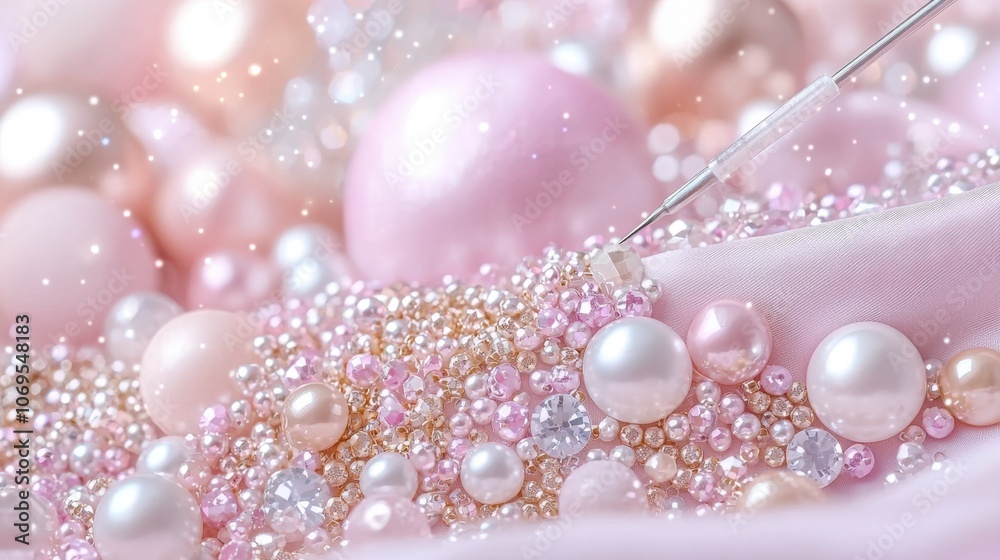 Luxurious array of pearls and gems amidst soft pink hues and glimmering lights Luxurious array of pearls and gems amidst soft pink hues and glimmering lights