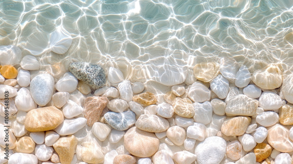 Serene pebble shoreline with clear water and sunlit patterns Serene pebble shoreline with clear water and sunlit patterns