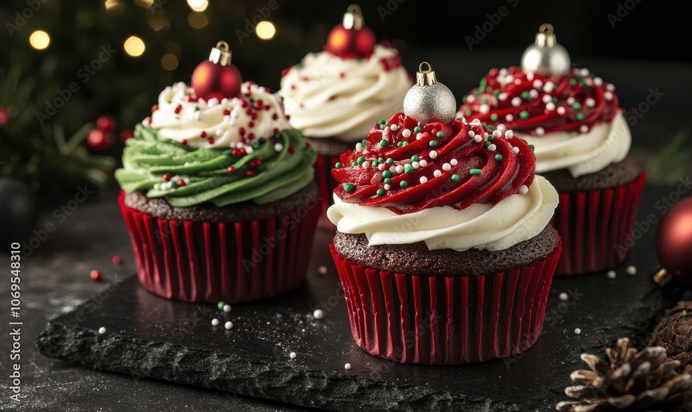 Festive Christmas cupcakes decorated with red, green, and white icing, topped with holiday sprinkles and miniature ornaments