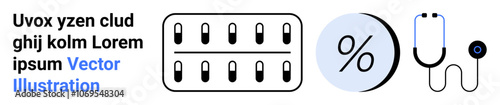 Medical pills, dosage blister pack, percentage symbol, stethoscope, and contact lens. Ideal for healthcare, pharmacy, medical tools, dosage explanation, statistics, eye care educational materials