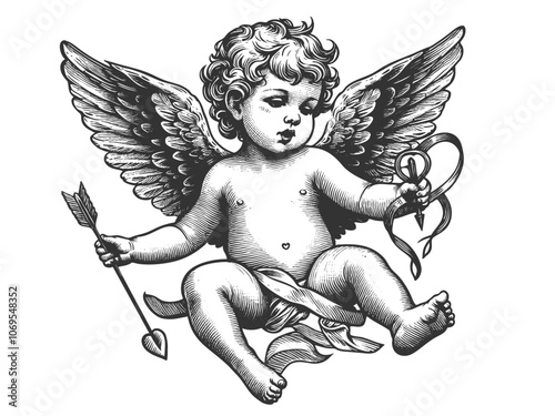 Cupid angel holding a bow and arrow, love and romance in detailed line art sketch engraving generative ai fictional character vector illustration. Scratch board imitation. Black and white image.