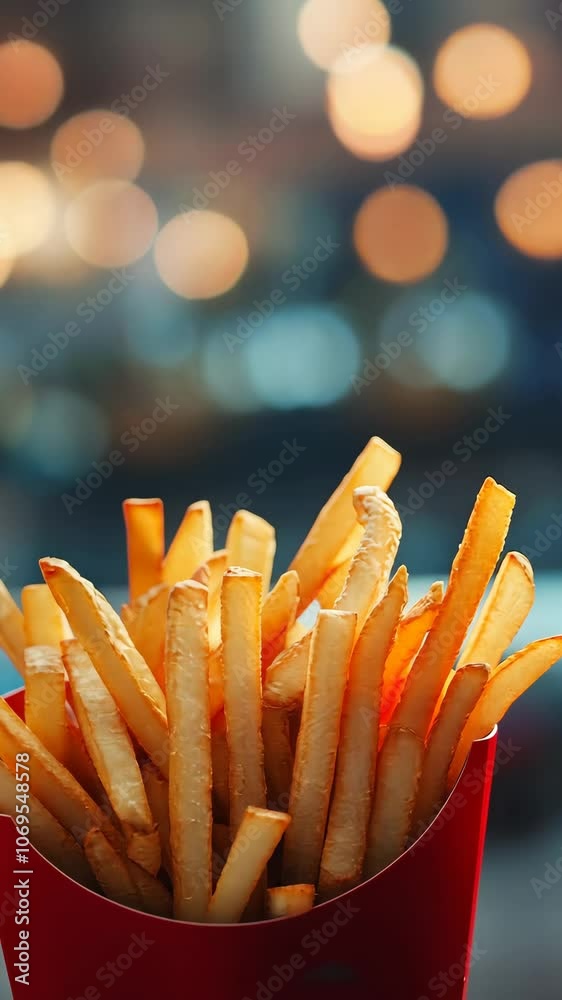 Golden fries in red box with blurred background lights Golden fries in red box with blurred background lights