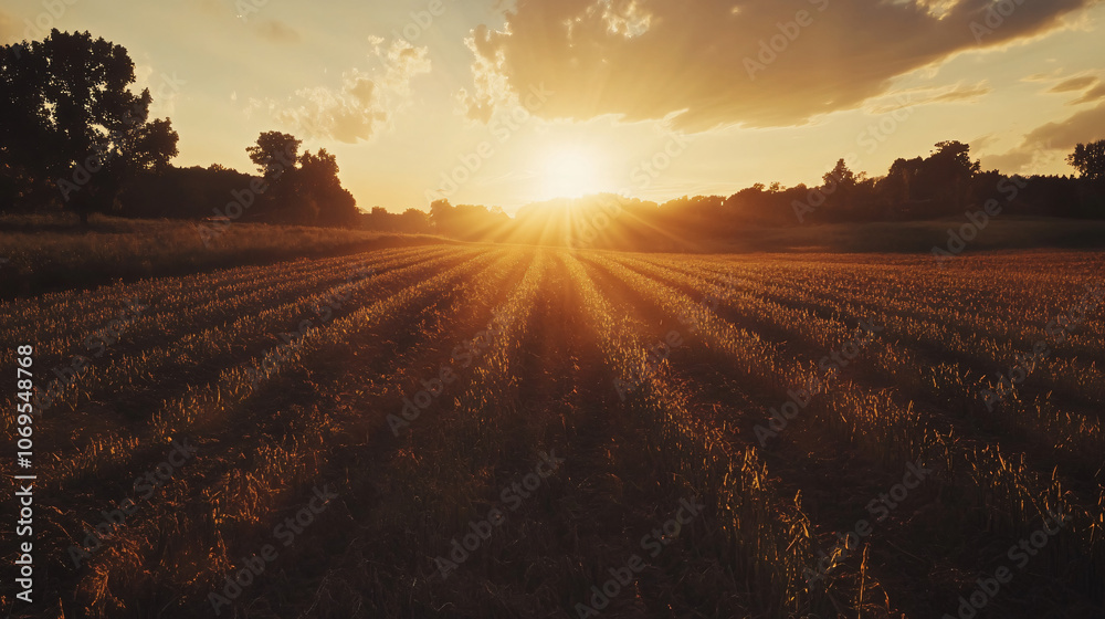 Golden sunlight casting long shadows over a pumpkin field as the sun sets behind distant trees. Golden sunlight casting long shadows over a pumpkin field as the sun sets behind distant trees.