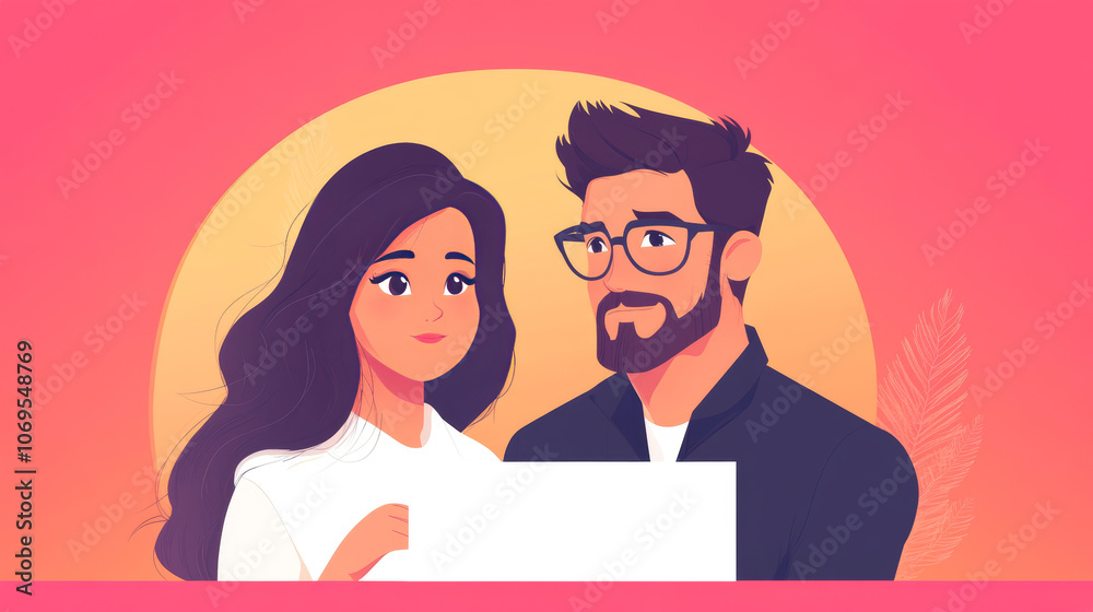 A young woman and man hold a blank sign with a pink and orange background. A young woman and man hold a blank sign with a pink and orange background.