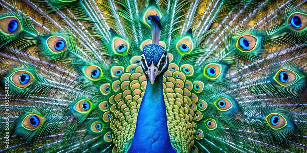 Obraz premium Majestic Peacock Display in Macro Photography: Intricate Textures of Vibrant Blue and Green Feathers Resembling Shimmering Water Scales with Symmetrical Beauty