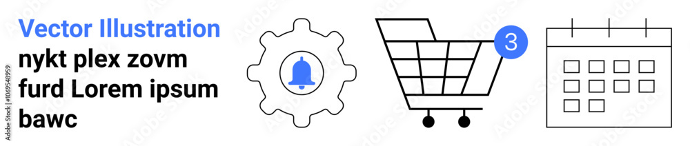 Gear with a bell, shopping cart with a notification badge, and calendar. Ideal for e-commerce, notifications, settings, productivity tools, user interface, scheduling, planning. Landing page Gear with a bell, shopping cart with a notification badge, and calendar. Ideal for e-commerce, notifications, settings, productivity tools, user interface, scheduling, planning. Landing page