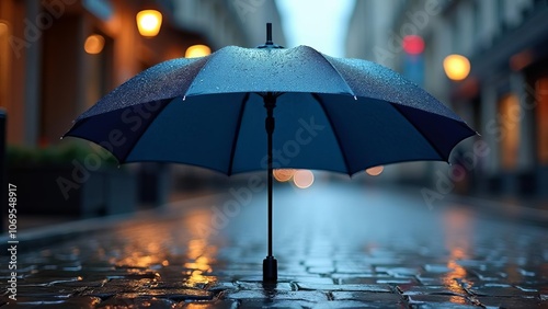 Wallpaper Mural Atmospheric Blue Umbrella in Rainy Night City Street with Bokeh Lights - Moody Urban Photography Torontodigital.ca