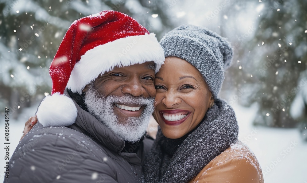 AI generative images of happy African American senior couple wearing Santa hat and celebrating New Year eve outdoors in a winter forest AI generative images of happy African American senior couple wearing Santa hat and celebrating New Year eve outdoors in a winter forest