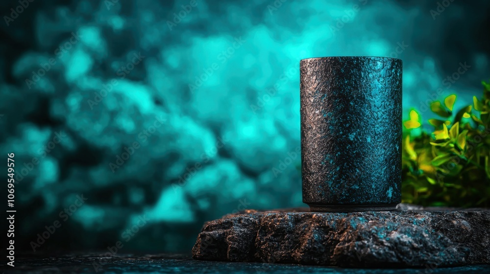 Rustic stone cup on natural rock with greenery in vibrant blue environment Rustic stone cup on natural rock with greenery in vibrant blue environment