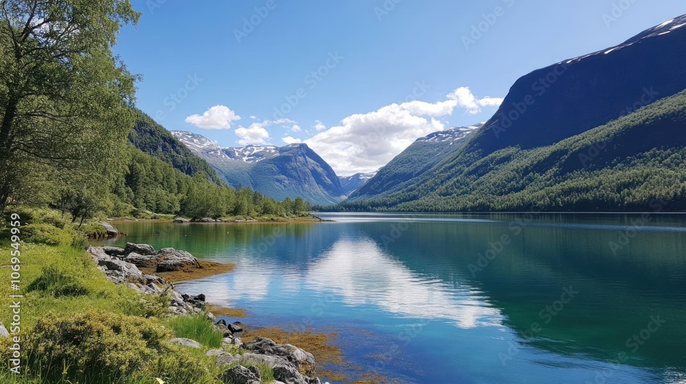 Serene lake surrounded by mountains under a clear blue sky, reflecting nature's beauty. Serene lake surrounded by mountains under a clear blue sky, reflecting nature's beauty.