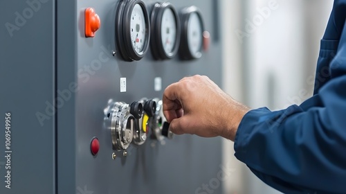 Close up shot of a technician s hands adjusting various controls and gauges on an industrial machine or equipment in a manufacturing or factory setting photo