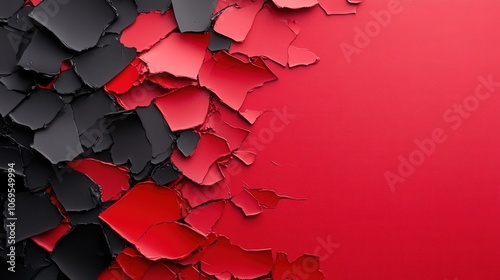 Abstract layers of black and red peeling paint with textured surface on bold background photo