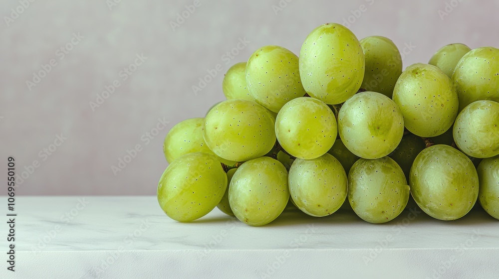 Fresh green grapes on marble surface with soft background Fresh green grapes on marble surface with soft background