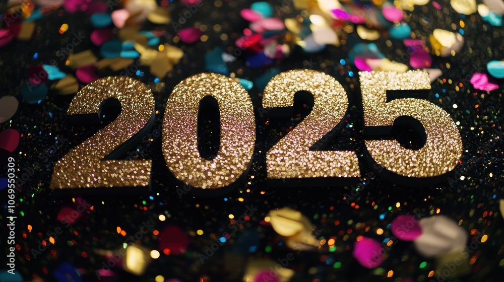 Glittery Gold 2025 on Black with Colorful Confetti Glittery Gold 2025 on Black with Colorful Confetti