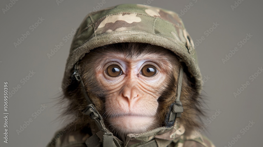 Fototapeta premium Adorable monkey in military camouflage suit with curious expression