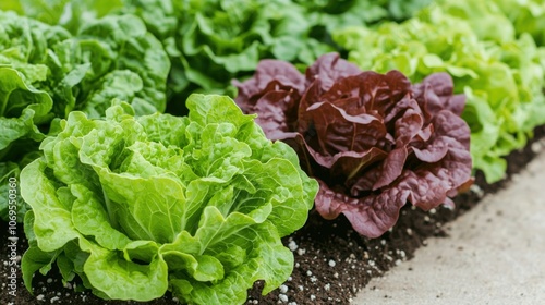 Vibrant green and red lettuce growing in a fresh vegetable garden photo