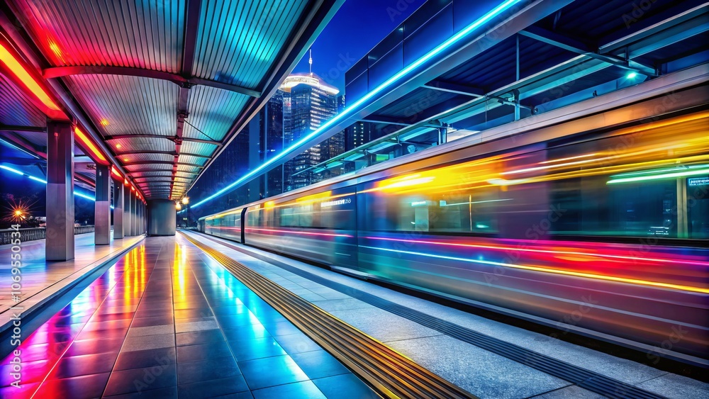 Nighttime Subway Platform with Electric Train in Motion at Modern Railway Station, Showcasing Urban Transport System and Vibrant City Life under Neon Lights Nighttime Subway Platform with Electric Train in Motion at Modern Railway Station, Showcasing Urban Transport System and Vibrant City Life under Neon Lights