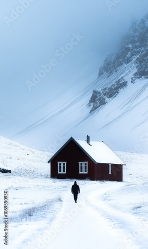 Anonymous silhouette of a person heading towards a remote cabin in Iceland. Generative AI image