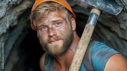 A haggard coal miner emerged from the dark underground tunnel, covered in soot and sweat, with a determined look in his eyes as he carried his pickaxe on his shoulder. photo