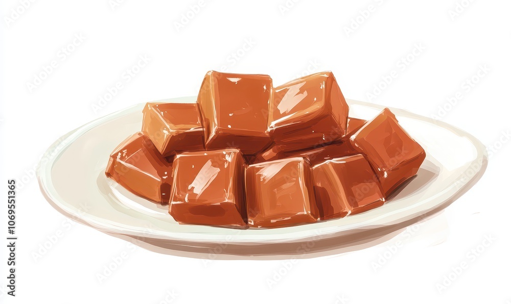 Artfully arranged toffee pieces on a white plate, featuring a glossy caramel texture, in a illustration on a white background. Artfully arranged toffee pieces on a white plate, featuring a glossy caramel texture, in a illustration on a white background.