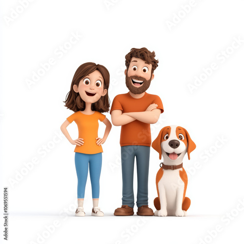 cheerful family with dog, showcasing happiness and togetherness. parents are smiling, dressed in casual orange outfits, with their friendly dog beside them, creating warm and inviting scene