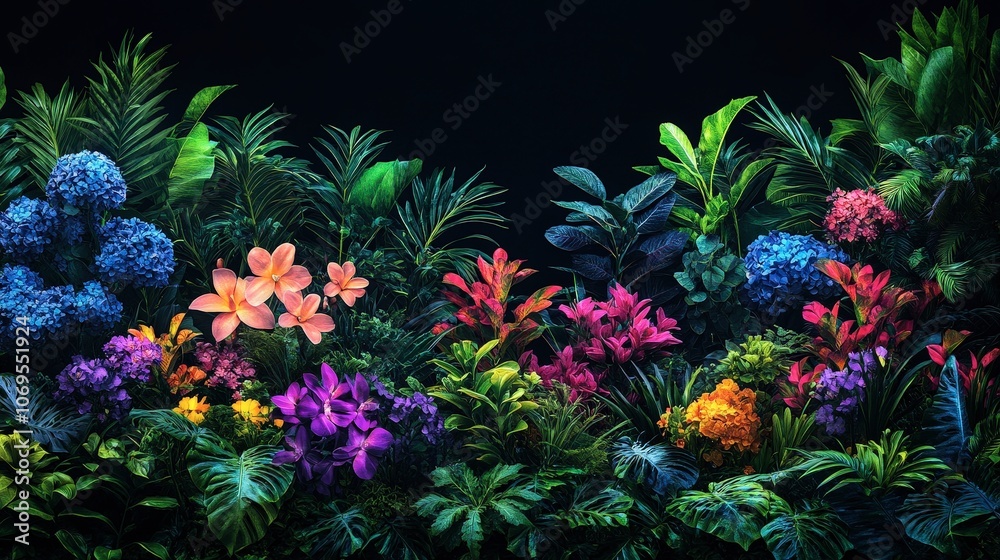 Lush Tropical Garden with Vibrant Flowers and Greenery Lush Tropical Garden with Vibrant Flowers and Greenery