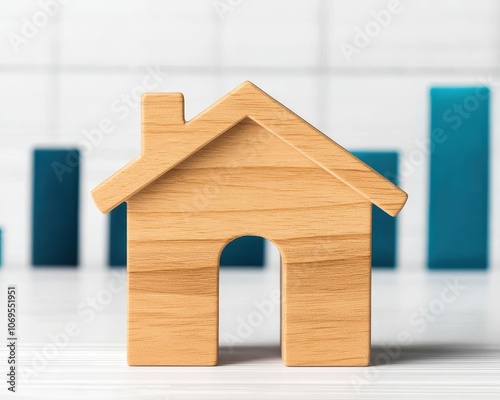 A wooden house model stands in front of a chart with blue bars, symbolizing housing market trends and growth.