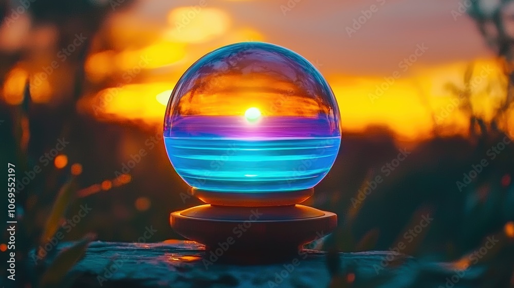 Captivating sunset through a crystal ball at golden hour Captivating sunset through a crystal ball at golden hour