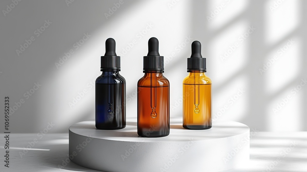 A mockup of bottles in black, white, and amber is displayed for medical or cosmetic products. A mockup of bottles in black, white, and amber is displayed for medical or cosmetic products.