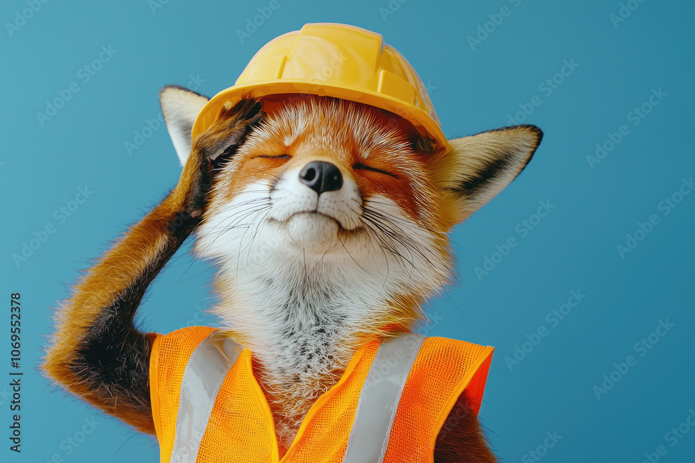 fox wearing hard hat and safety vest smiles confidently fox wearing hard hat and safety vest smiles confidently