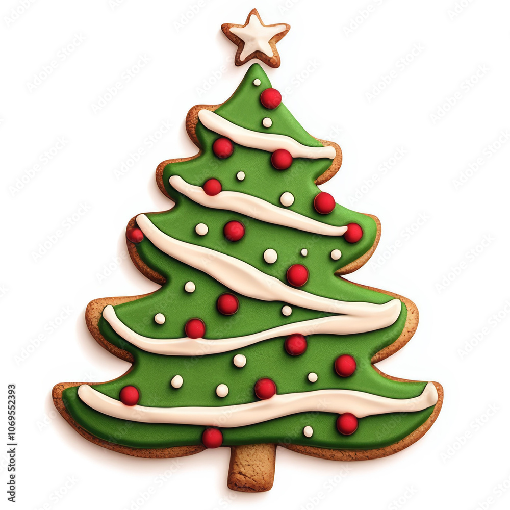 Festive Christmas tree cookie decorated with green icing, red and white accents, and star on top, perfect for holiday celebrations Festive Christmas tree cookie decorated with green icing, red and white accents, and star on top, perfect for holiday celebrations