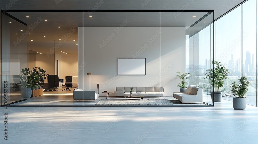 Obraz premium A modern 3D glass office interior, featuring furniture and equipment, with mockup space for wall art.