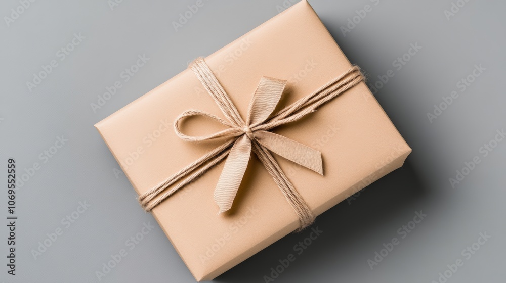 Elegant gift box with ribbon on minimalist gray background Elegant gift box with ribbon on minimalist gray background