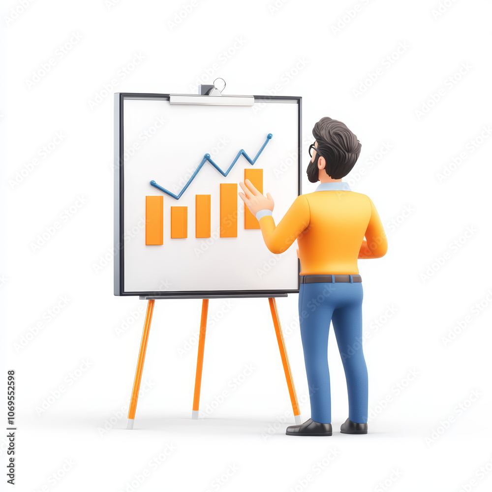 man presenting financial growth chart on whiteboard, showcasing increasing trends and data analysis. scene conveys professionalism and motivation