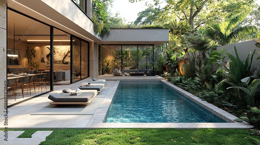 custom made wallpaper toronto digitalA modern backyard features a swimming pool, lush green grass, and tropical plants, creating a serene outdoor atmosphere in residential designs that focus on relaxation and luxury.